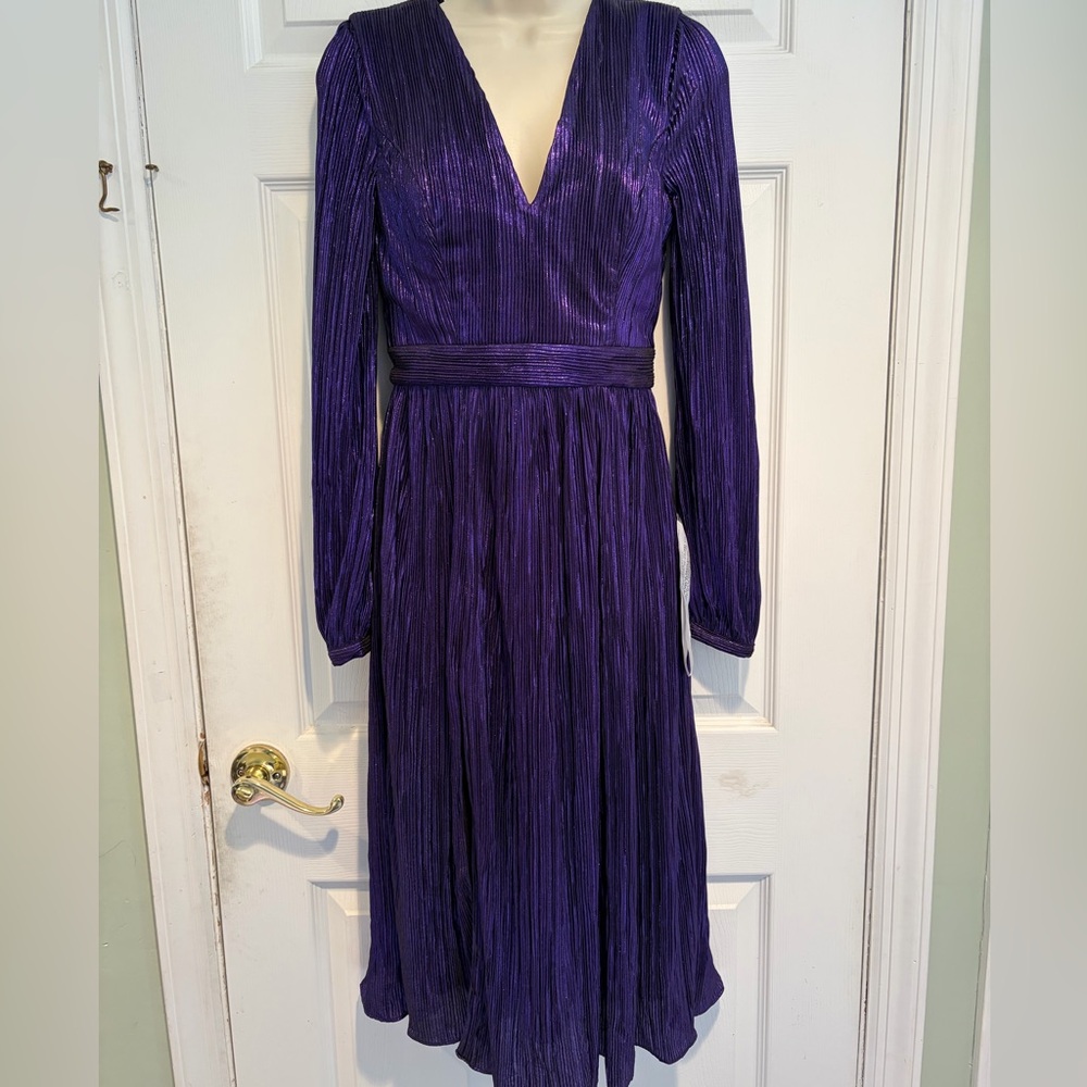 NWT Dress The Population Holly Deep Plum Metallic Pleated Sz S Midi Formal Gaka